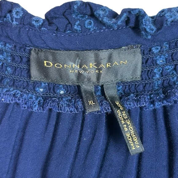 Donna Karan New York DKNY Navy Embroidered Peasant Blouse XL Tassel Tie Boho Top - Picture 5 of 9